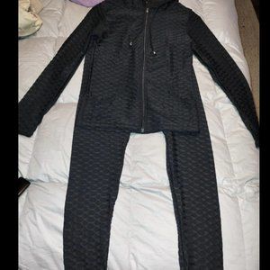 2pc Set BLACK Stretch Textured Knit ATHLETIC JACKET/LEGGINGS